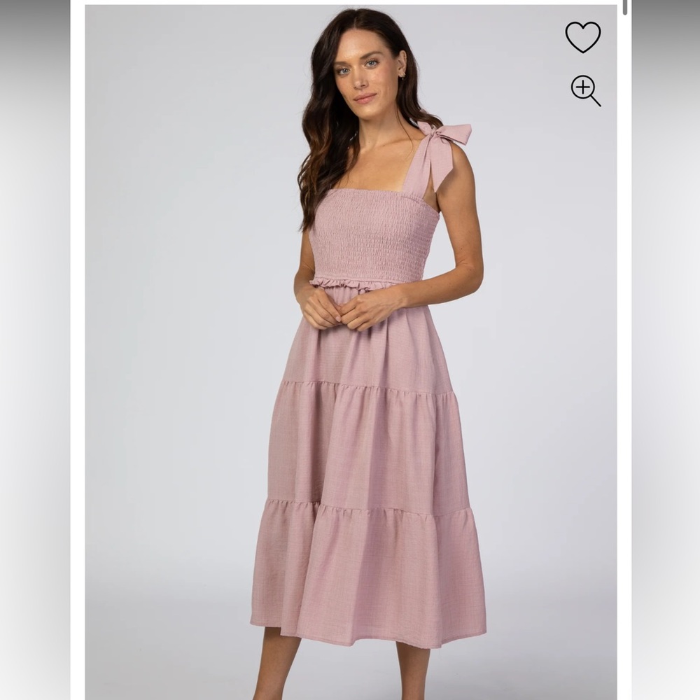 Pink Blush Maternity Mauve Bow Strap Tiered Midi Dress (size small)